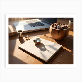 A Wooden Bowl Filled With Glass Marbles Sits On A Table Next To A Laptop And A Notebook Art Print