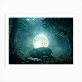 Magic Ball Emitting An Ethereal Glow Perched On An Ancient Gnarled Structure In The Dark Woods Su Art Print