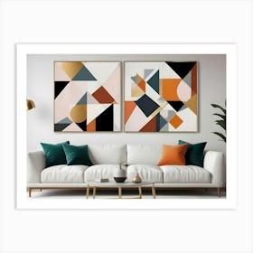 A Living Room Interior With A White Sofa, Green And Orange Pillows, And A Geometric Abstract Artwork Hanging On The Wall Art Print