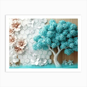 Dynamic Display of a Turquoise Tree with White Lattice on Oak, Featuring Floral Hexagons Art Print