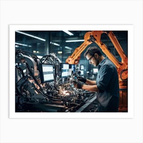 An Artificial Intelligence Engineer Immersed In A High Tech Manufacturing Factory Examining The Com 2 1 Art Print