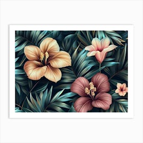 Tropical Seamless Pattern With Exotic Leaves, Strelitzia Flowers, Hibiscus And Plumeria 1 Art Print