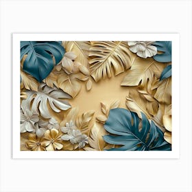 3d Tropical Leaves Background Golden Art Print