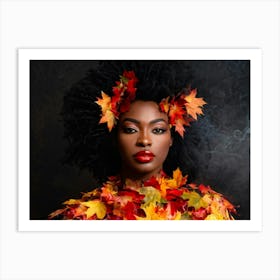 Black Woman With Peach Lips Black Hair Enveloped In A Fusion Of Red Orange And Yellow Autumn Lea Art Print