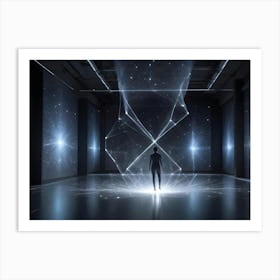 A Person Stands Silhouetted Against A Backdrop Of Glowing Geometric Shapes And Constellations In A Darkened Room Art Print