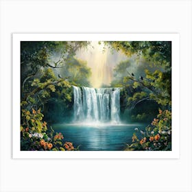 Majestic Waterfall Forest with Flowers Painting #12 Art Print