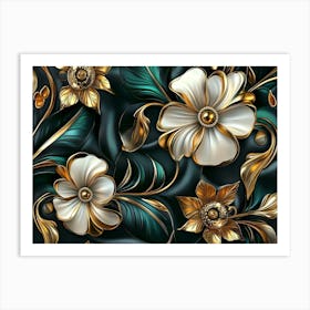 Luxury Floral Seamless with Flowers Elegant Leather Texture Illustration Background in Golden, Green and White Art Print