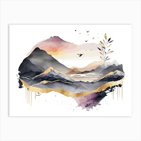 Mountain Landscape Minimal Watercolor Art Print