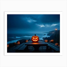 Coastline Celebration Captured At Dusk A Single Jack O Lantern With A Carved Face Glowing Eerily On (5) Art Print