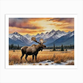 Echoes Across the Grasslands Moose In The Mountains Art Print