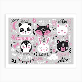 Big Set With Cute Cartoon Animals Bear Panda Bunny Penguin Cat Fox Art Print