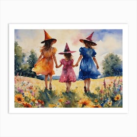 Little Summer Witches Playing in the Meadow - Colorful Watercolor Witchy Art by Lyra the Lavender Witch - Pagan Wiccan Rainbow Fairytale Artwork Print for Gallery Wall Flowers Sunshine Summer Solstice Litha HD Art Print