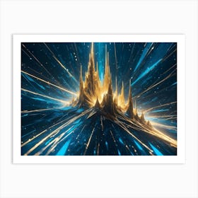 A Abstract Golden Structure With Blue Rays Emanating Outwards Against A Dark Background, Conveying Technology, Power, Or A Futuristic Setting Art Print