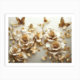 3d Golden Roses on A 3d Background and Golden 1 Art Print