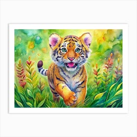 A Watercolor Illustration Of A Tiger Cub In The Grass Art Print