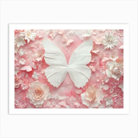 White Butterfly On Pink Background Art Print