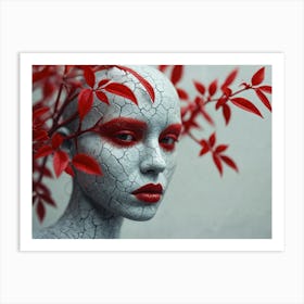 Portrait Of A Woman With Red Leaves Art Print