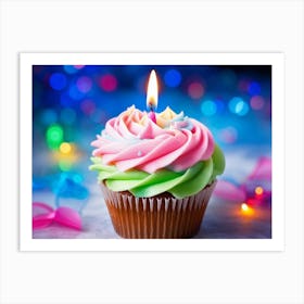 Cupcake With Vibrant Swirls Of Pink Blue And Green Frosting Single Lit Candle Atop Celebrating A (4) Art Print