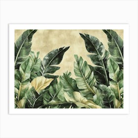 Tropical Background Seamless Border Luxury Art Pattern Texture Vintage Green And Beige Banana Leaves Palms 1 Art Print