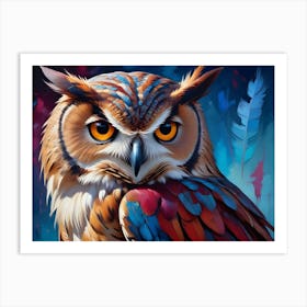 Colorful, Artistic Portrait Of An Owl With Piercing Orange Eyes Art Print