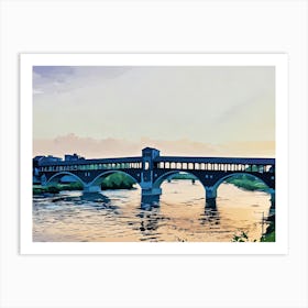 Ponte Coperto at Sunset. This illustration captures the iconic Ponte Coperto, or Covered Bridge, in Pavia, Italy, set against a serene sunset. The bridge’s silhouette reflects gracefully over the Ticino River, with soft pastel hues in the sky and water, creating a peaceful and nostalgic atmosphere. The image showcases Pavia’s historical charm and the timeless beauty of Italian architecture. Art Print