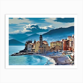 Camogli at dusk, a medieval Ligurian village with its castle. Its bay and its marina are famous destinations for tourists on their travels. The colorful houses, typical Ligurian architecture, are right in front of its beach on the Mediterranean sea. On the horizon, threatening spring clouds above the mountains.
The image depicts a picturesque coastal town bathed in the soft glow of twilight. A cluster of charming buildings, some with distinctive bell towers, line the shoreline, their warm lights casting a welcoming ambiance. The buildings are painted in a palette of pastel hues, creating a visually appealing contrast against the deep blue of the sea and the sky. Art Print