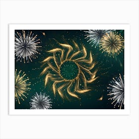 A Festive Display Of Fireworks Against A Dark Green Background, With A Golden, Swirling Design At The Center Art Print