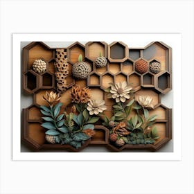 Hexagon Honeycomb Design Wooden Floral Art Print