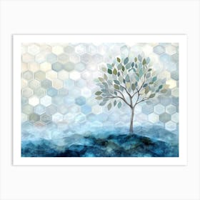 A 3d Artwork of a Tree with Silver and Light Green Leaves, Standing Tall Art Print