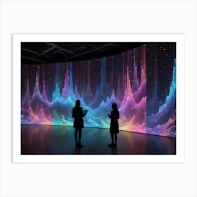 Two Silhouetted Women Stand In A Dark Room, Facing A Large, Curved Screen Displaying A Dynamic, Colorful, Abstract Image Art Print