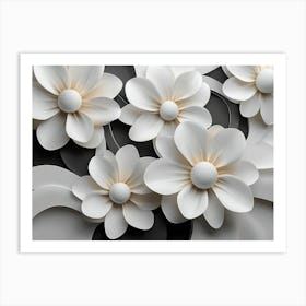 3d Look White and Black Circle with White Flowers Art Print