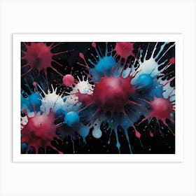 A Black Background With A Spray Of Red, Blue, And White Paint, Creating An Abstract And Dynamic Pattern Art Print