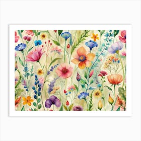 Watercolor Seamless Pattern Of Wildflowers Art Print