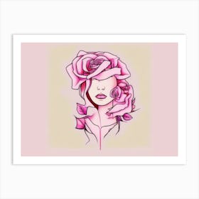 One Line Art Pink Rose Women Art Print