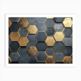 A Hexagonal Pattern On A With A Mix Of Metallic Gold And Dark Grey Textures 1 Art Print