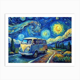 Vintage Camper Van In Starry Night Art Print