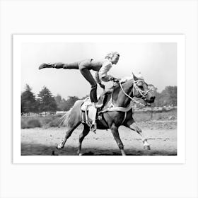 Cowgirl Trick Riding A Horse, Black and White Old Photo, Vintage Cowgirl Art Print