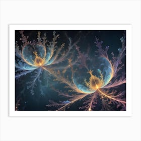 Two Luminous, Abstract Flowers With Delicate, Fractal Structures, Glowing With Hues Of Blue, Purple, And Gold Against A Dark, Starry Background Art Print