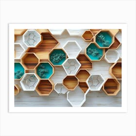 White Lattice And Turquoise Elements Combine With Dynamic Hexagons In An Oak Wood Design Art Print