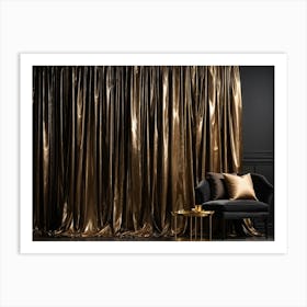 Curving Gold Drapery Cascades Down A Rich Brown Wall The Silken Material Emulating The Fluidity And Art Print