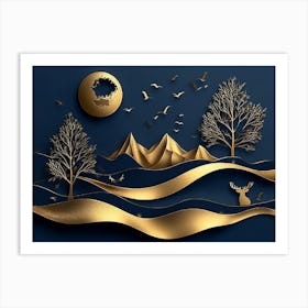 3d Modern Art with Dark Blue and Golden Wave 2 Art Print