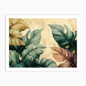 Vintage Tropical Green Brown Leaves, Beige Background, Golden Texture Painting Art Print