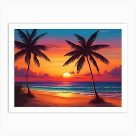 A Tranquil Beach At Sunset Horizontal Illustration 9 Art Print