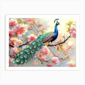 Peacock On Branch With Colorful Flowers 3d 1 Art Print