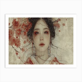 Geisha Grace: Elegance in Burgundy and Grey. Asian Girl With Cherry Blossoms Art Print