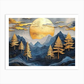 3d Landscape Moon with Golden Christmas Trees and Colorful Mountains Art Print