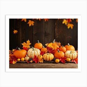 Autumn Themed Table Decoration Scattered Maple Leaves In Warm Shades Intermixed With Small Pumpkin Art Print