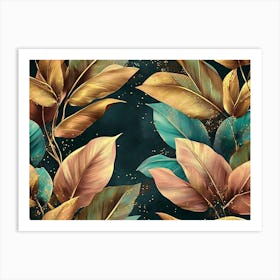 Tropical Seamless Luxury Exotic Green Beige Brown Pink Golden Leaves Vintage Art Print