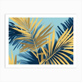 Palm Leaves On Blue Back ground, Bold of yellow and blue colors, 1292 Art Print