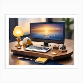 A Wooden Desk With A Lamp, A Computer, A Keyboard, A Seashell, A Blue Sphere, A Miniature Figurine Of A Man In A Chair, And A Pen Art Print